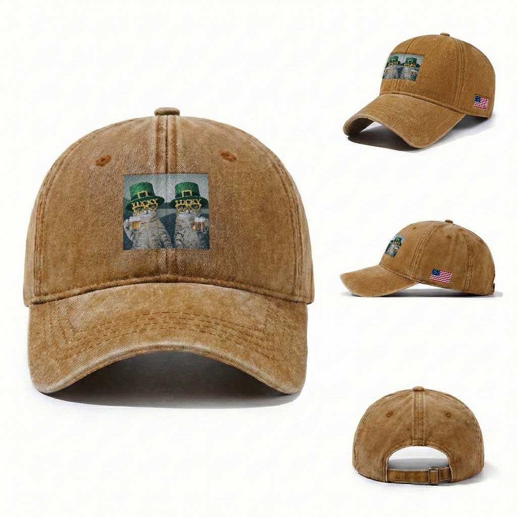 Funny St Patricks Day Cats Drinking Beer Meme Washed Cotton Baseball Cap TS14 Washed Cap Universal Fit Yellow Ochre Print Your Wear
