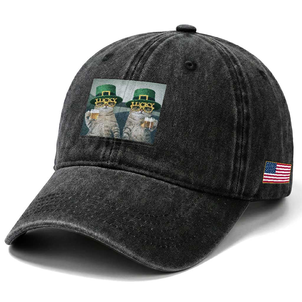 Funny St Patricks Day Cats Drinking Beer Meme Washed Cotton Baseball Cap TS14 Print Your Wear