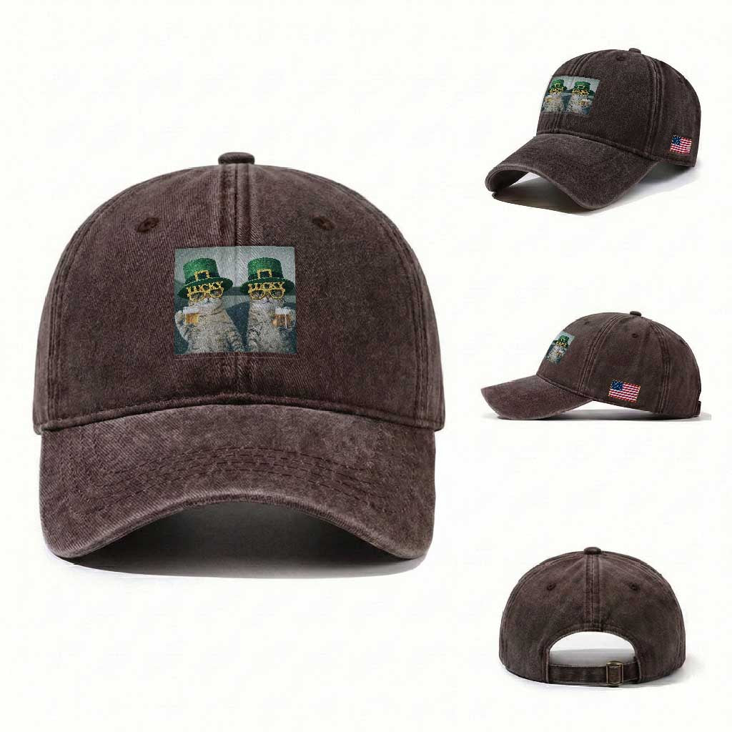 Funny St Patricks Day Cats Drinking Beer Meme Washed Cotton Baseball Cap TS14 Washed Cap Universal Fit Dark Brown Print Your Wear