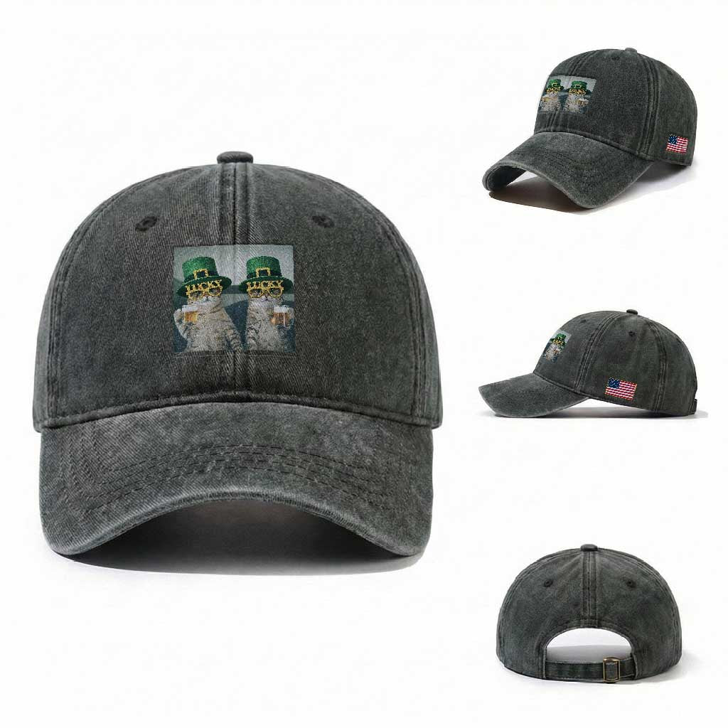 Funny St Patricks Day Cats Drinking Beer Meme Washed Cotton Baseball Cap TS14 Washed Cap Universal Fit Dark Green Print Your Wear