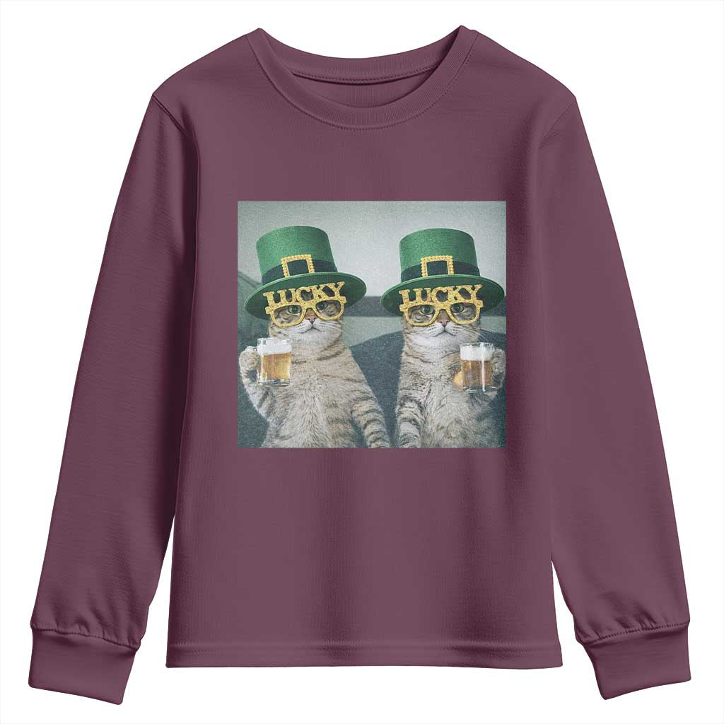 Funny St Patricks Day Cats Drinking Beer Meme Youth Sweatshirt TS14 Maroon Print Your Wear