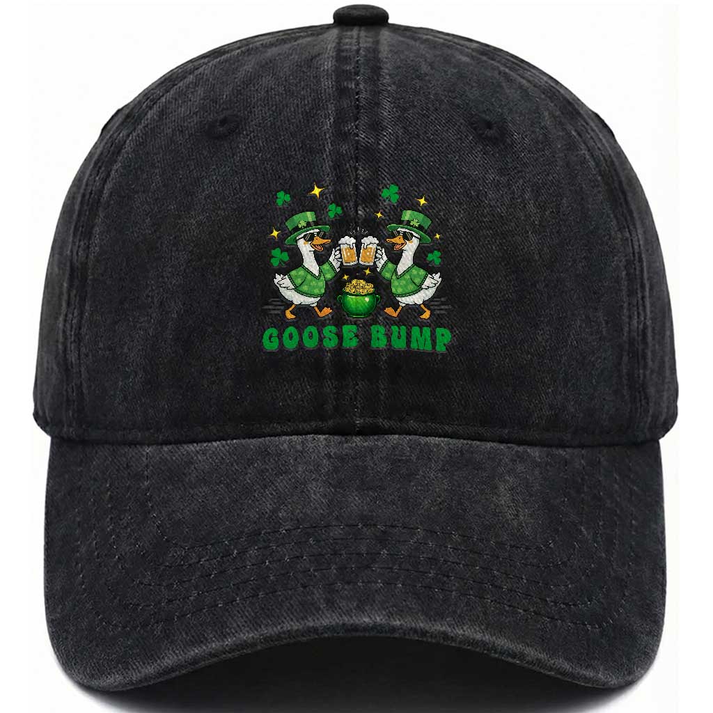 Funny St Patricks Day Goose Drinking Beer Washed Cotton Baseball Cap Goose Bump TS14 Washed Cap Universal Fit Black Print Your Wear
