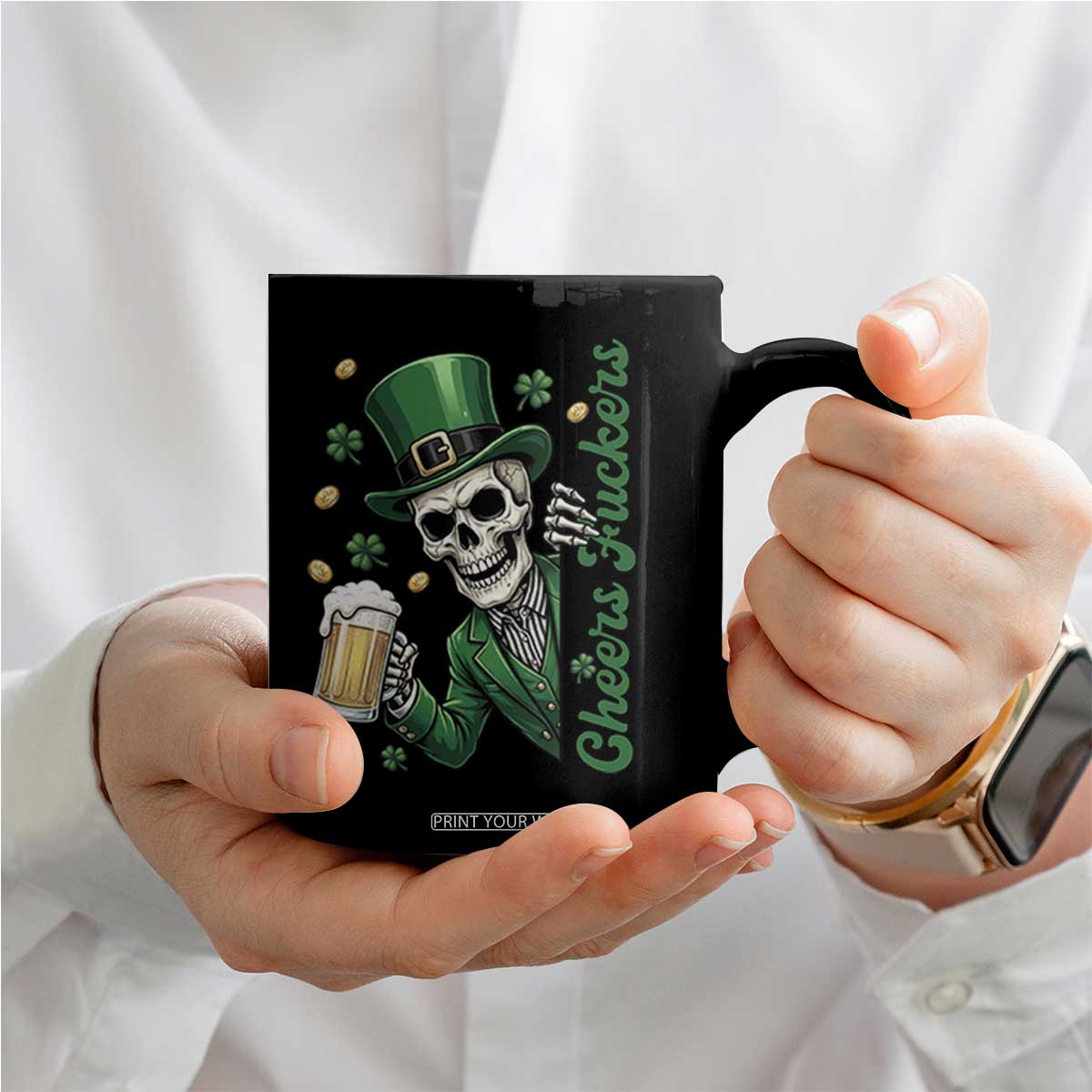Cheers Fuckers St Patricks Day Coffee Mug Funny Skeleton Drinking Beer TS14 Print Your Wear