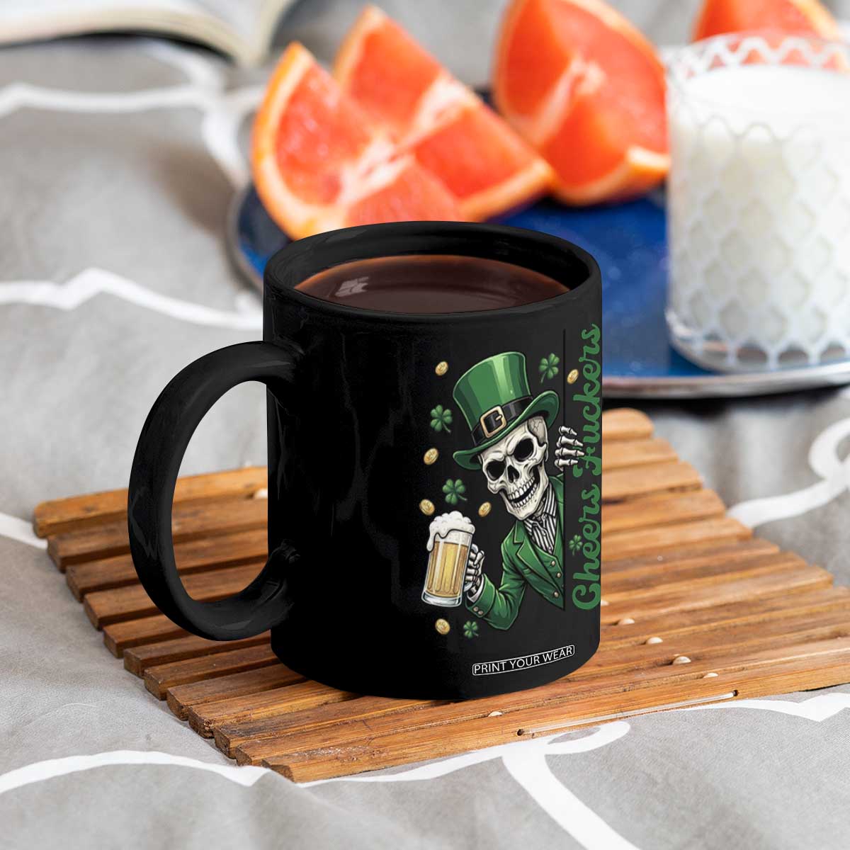 Cheers Fuckers St Patricks Day Coffee Mug Funny Skeleton Drinking Beer TS14 Print Your Wear