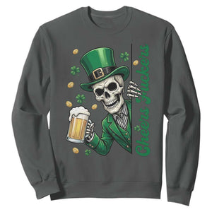 Cheers Fuckers St Patricks Day Sweatshirt Funny Skeleton Drinking Beer TS14 Dark Heather Print Your Wear