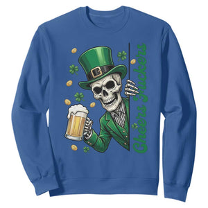 Cheers Fuckers St Patricks Day Sweatshirt Funny Skeleton Drinking Beer TS14 Royal Blue Print Your Wear