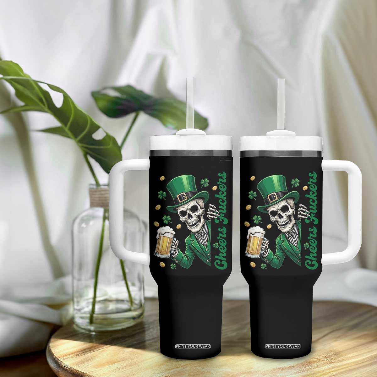 Cheers Fuckers St Patricks Day Tumbler With Handle Funny Skeleton Drinking Beer TS14 Print Your Wear