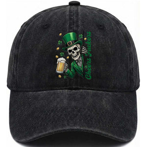 Cheers Fuckers St Patricks Day Washed Cotton Baseball Cap Funny Skeleton Drinking Beer TS14 Washed Cap Universal Fit Black Print Your Wear