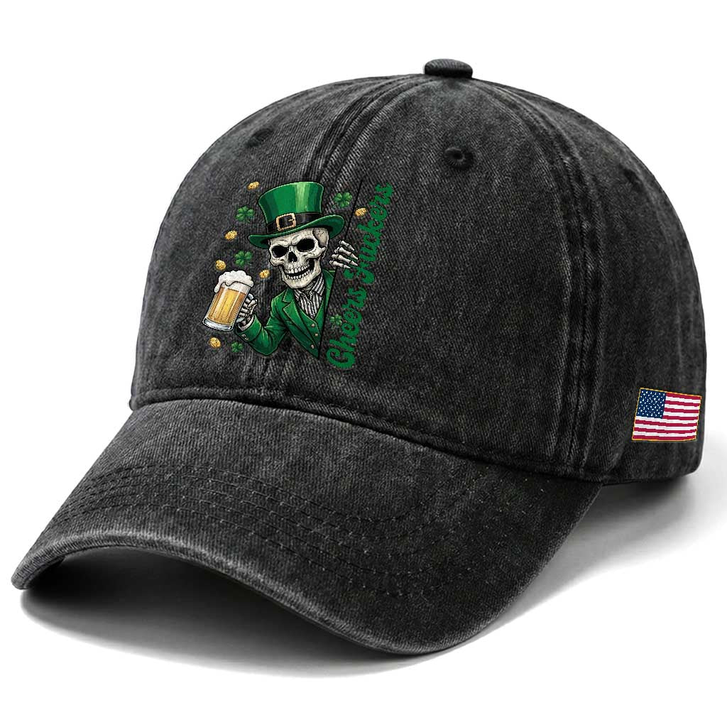 Cheers Fuckers St Patricks Day Washed Cotton Baseball Cap Funny Skeleton Drinking Beer TS14 Print Your Wear