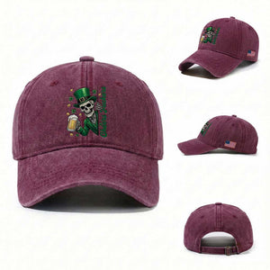 Cheers Fuckers St Patricks Day Washed Cotton Baseball Cap Funny Skeleton Drinking Beer TS14 Washed Cap Universal Fit Burgundy Print Your Wear