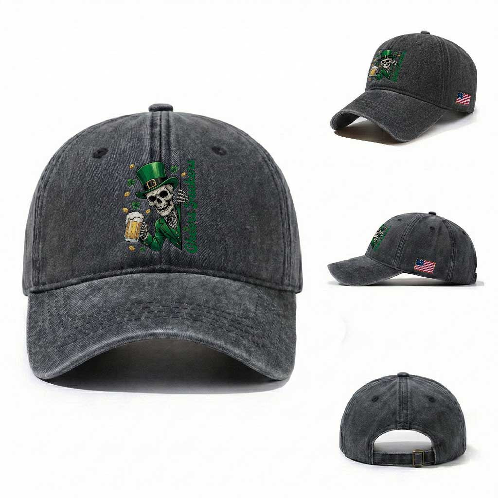 Cheers Fuckers St Patricks Day Washed Cotton Baseball Cap Funny Skeleton Drinking Beer TS14 Washed Cap Universal Fit Dark Gray Print Your Wear