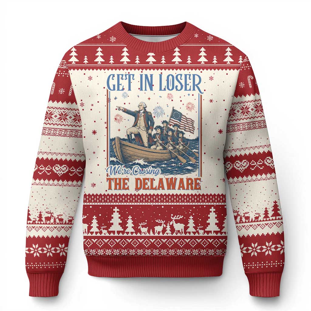 Get In Loser We're Crossing The Delaware Meme Ugly Christmas Sweater Patriotic American History Independence Day TS14 Beige Red Print Your Wear