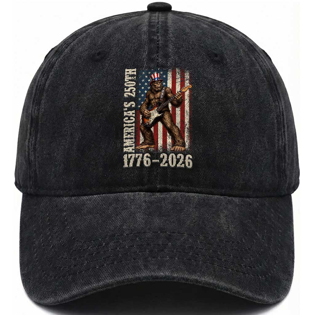250 Years America Anniversary Washed Cotton Baseball Cap Patriotic Bigfoot Playing Guitar 4th Of July TS14 Print Your Wear