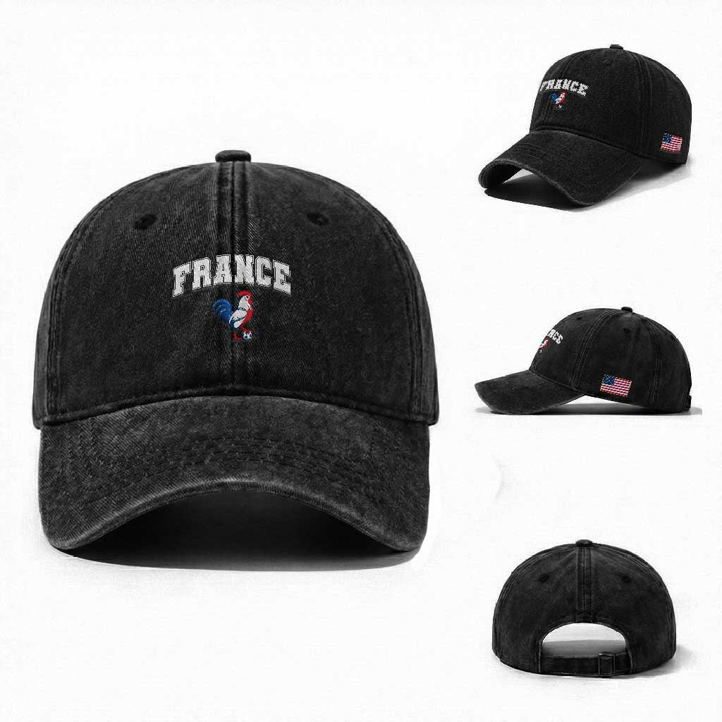 France Flag Gallic Rooster French National Pride Washed Cotton Baseball Cap TS14 Washed Cap Universal Fit Black Print Your Wear