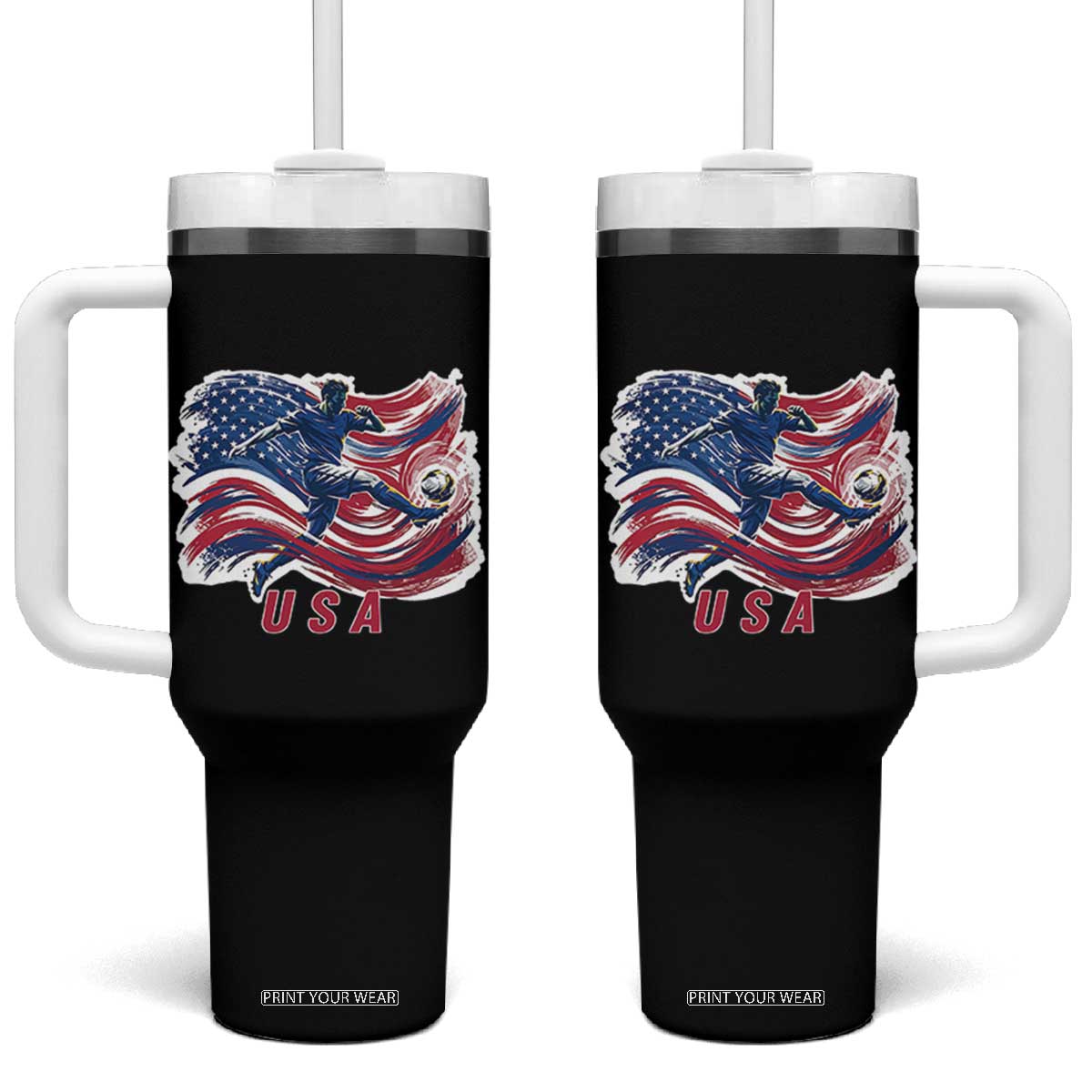 USA Soccer Fan American Flag Tumbler With Handle TS14 One Size: 40 oz Black Print Your Wear