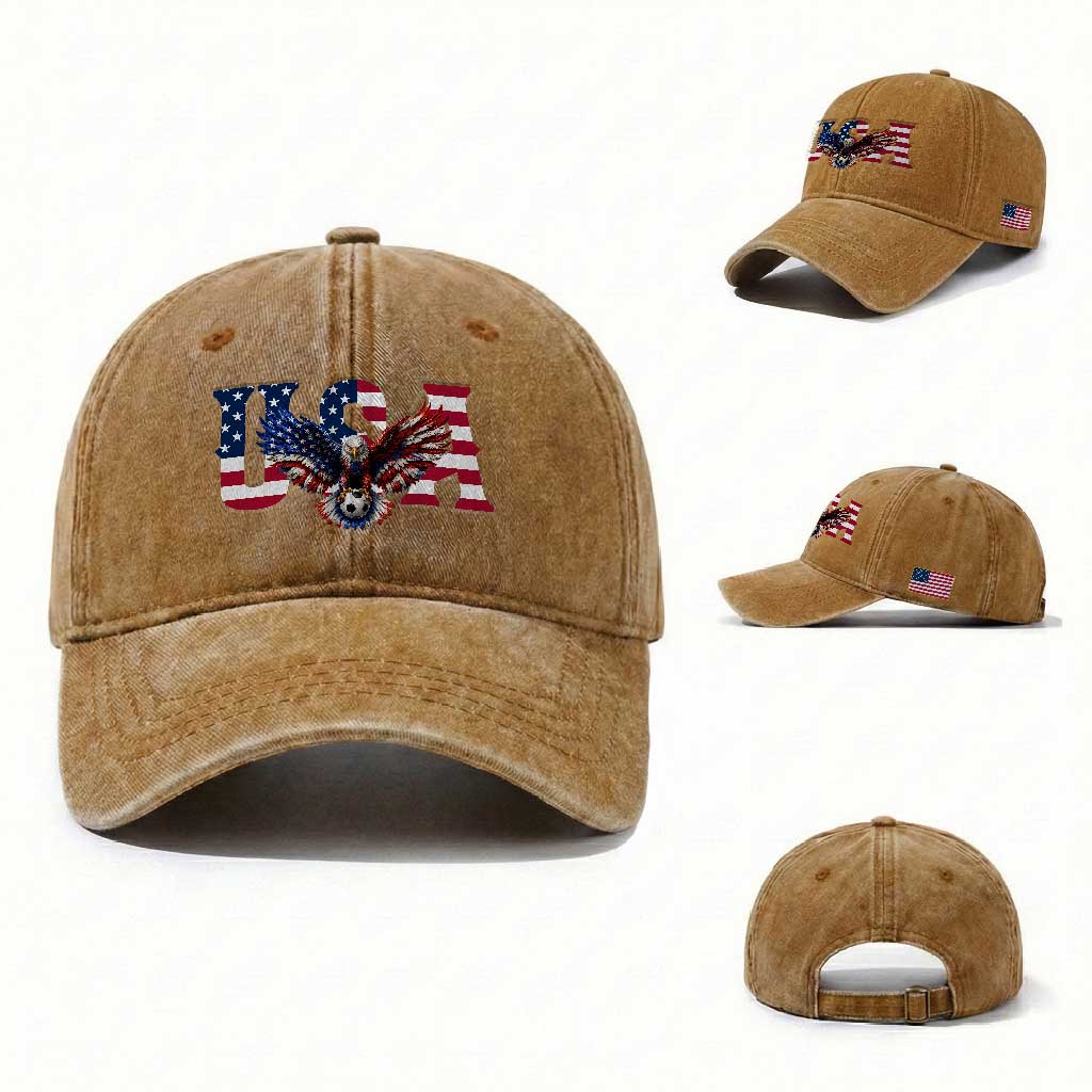 USA Soccer Eagle American Flag Fan Washed Cotton Baseball Cap TS14 Washed Cap Universal Fit Yellow Ochre Print Your Wear