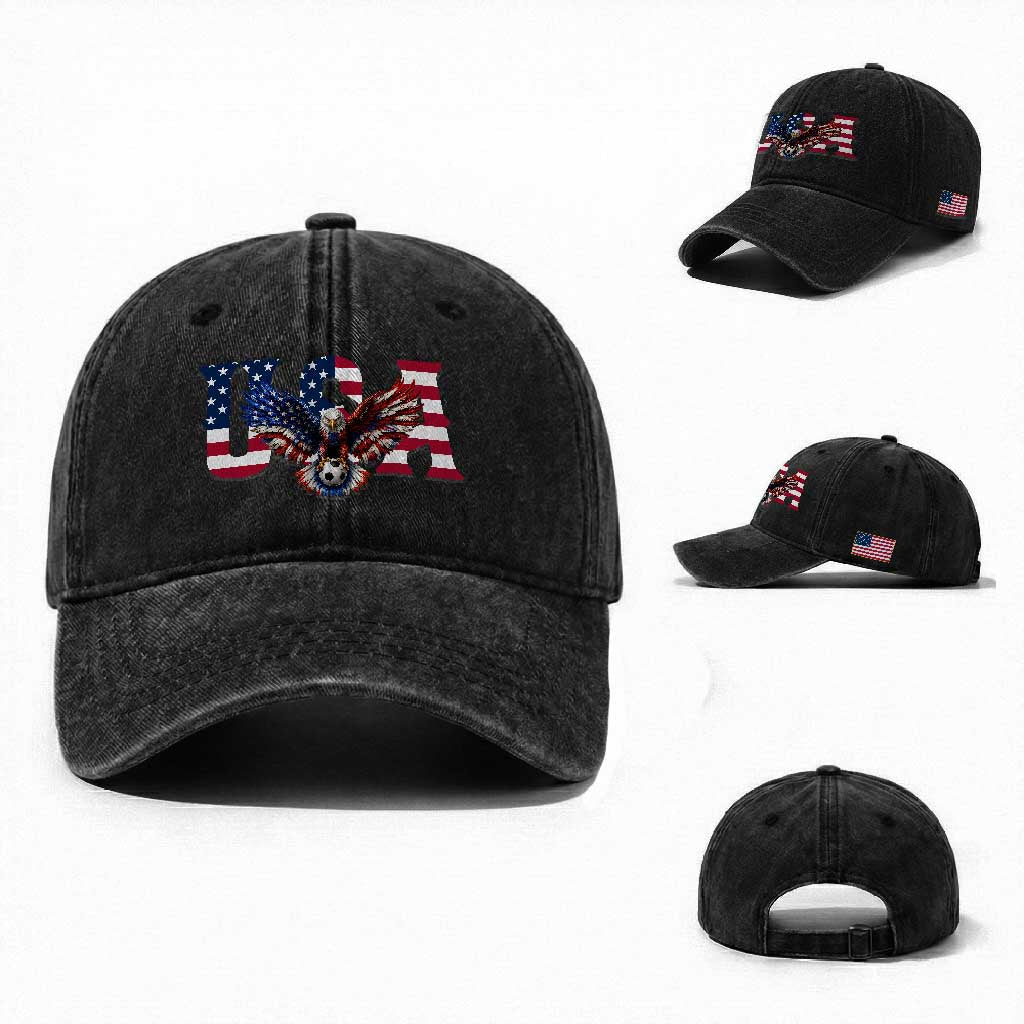 USA Soccer Eagle American Flag Fan Washed Cotton Baseball Cap TS14 Washed Cap Universal Fit Black Print Your Wear