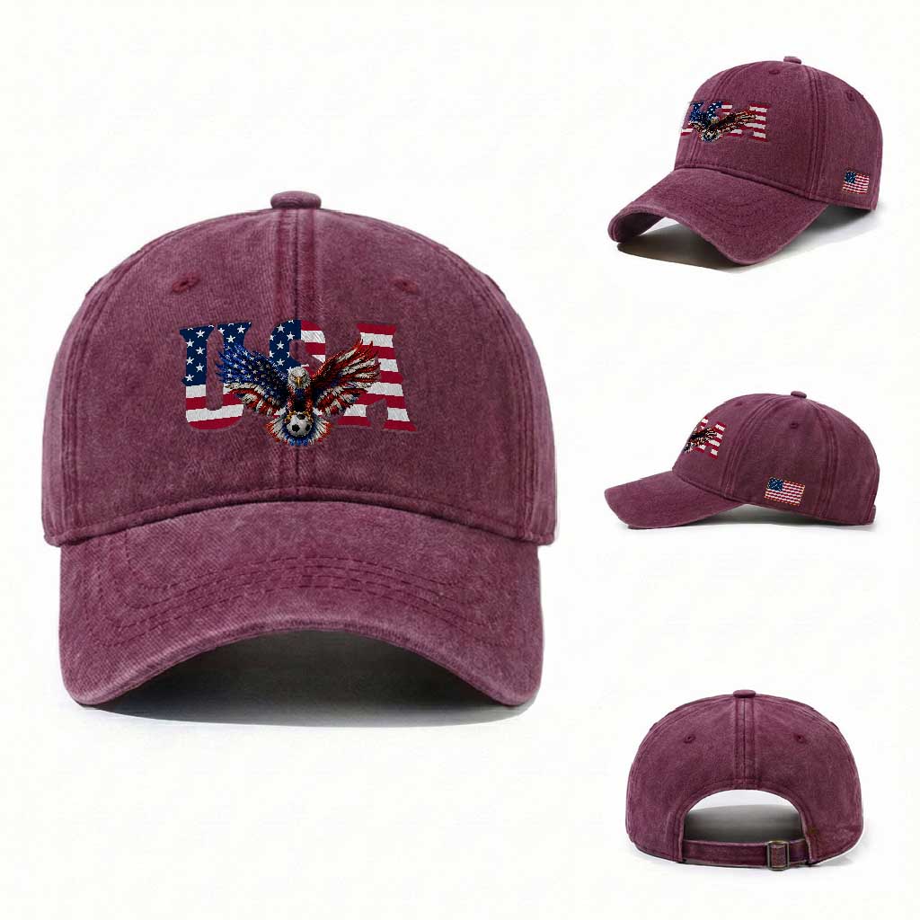USA Soccer Eagle American Flag Fan Washed Cotton Baseball Cap TS14 Washed Cap Universal Fit Burgundy Print Your Wear