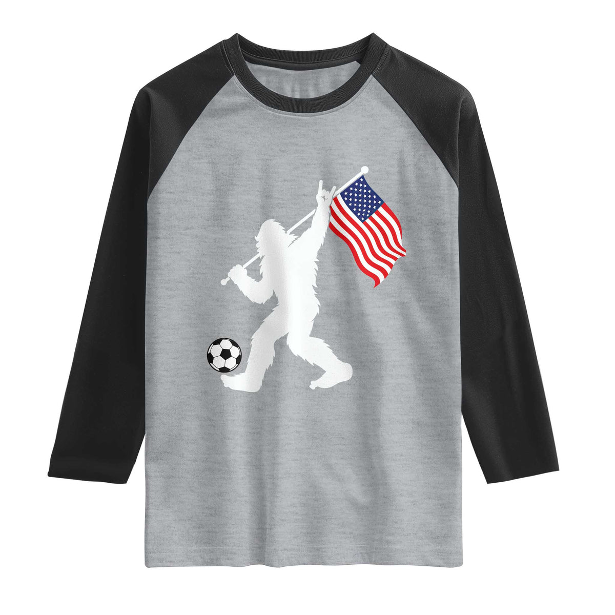 USA Soccer Bigfoot American Flag Fan Raglan Shirt TS14 Heather Gray Black Print Your Wear