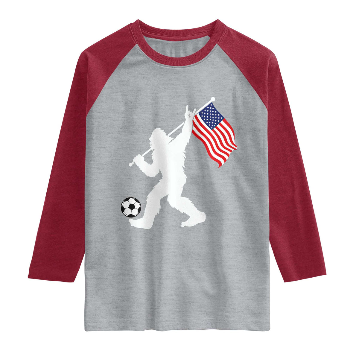 USA Soccer Bigfoot American Flag Fan Raglan Shirt TS14 Heather Gray Heather Red Print Your Wear