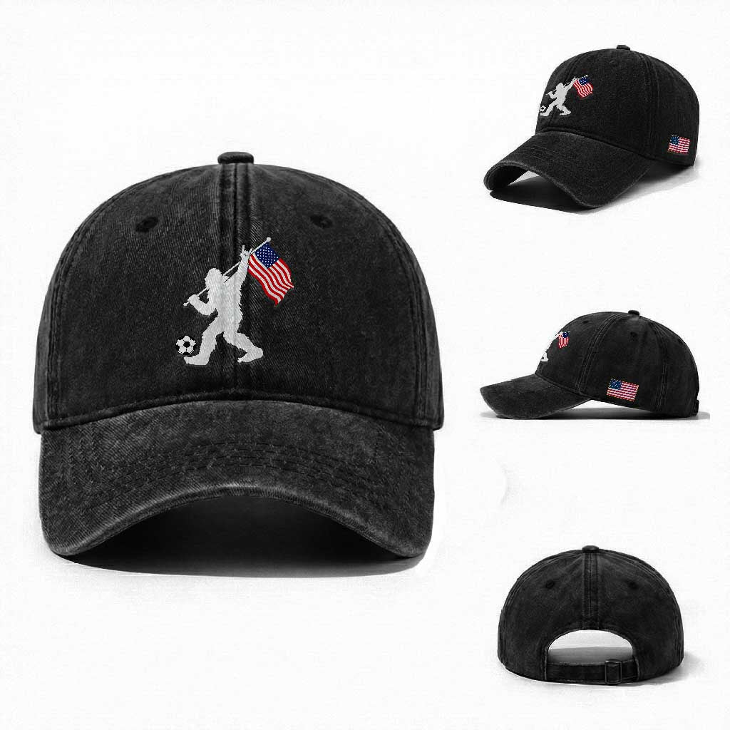 USA Soccer Bigfoot American Flag Fan Washed Cotton Baseball Cap TS14 Washed Cap Universal Fit Black Print Your Wear
