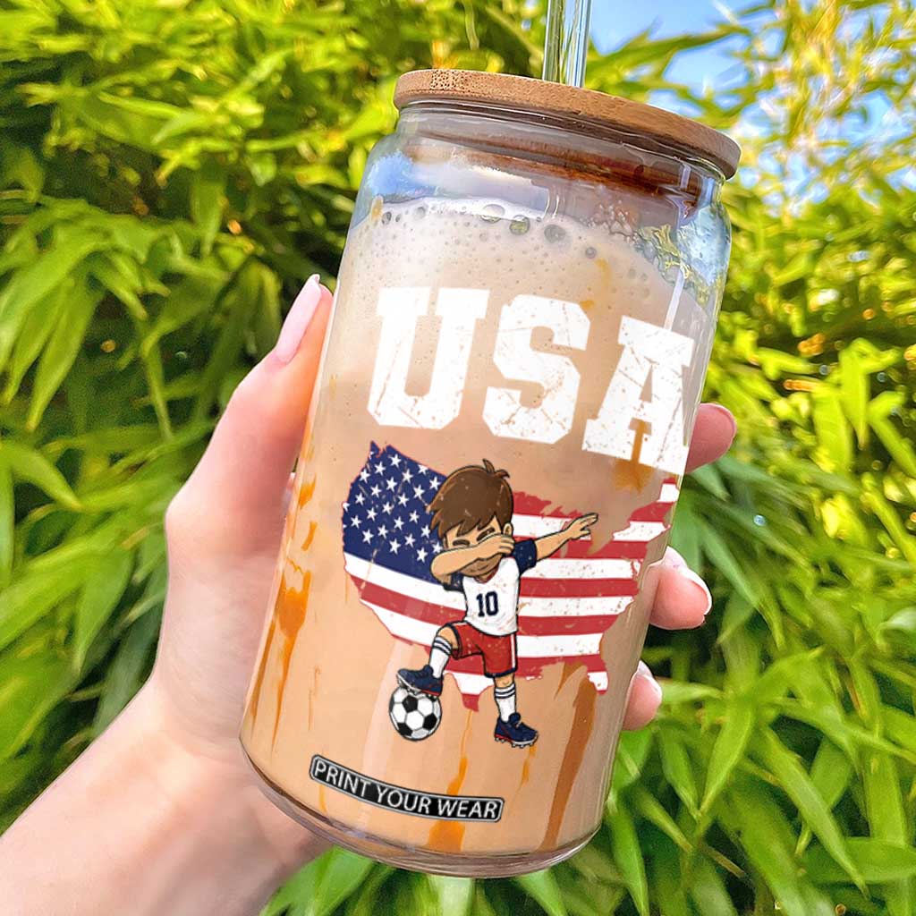 USA Soccer Dabbing Boy American Flag Fan Glass Can TS14 Black Print Your Wear