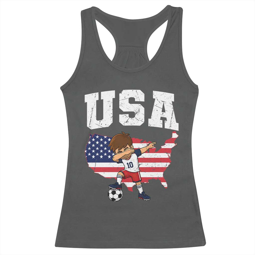 USA Soccer Dabbing Boy American Flag Fan Racerback Tank Top TS14 Dark Heather Print Your Wear