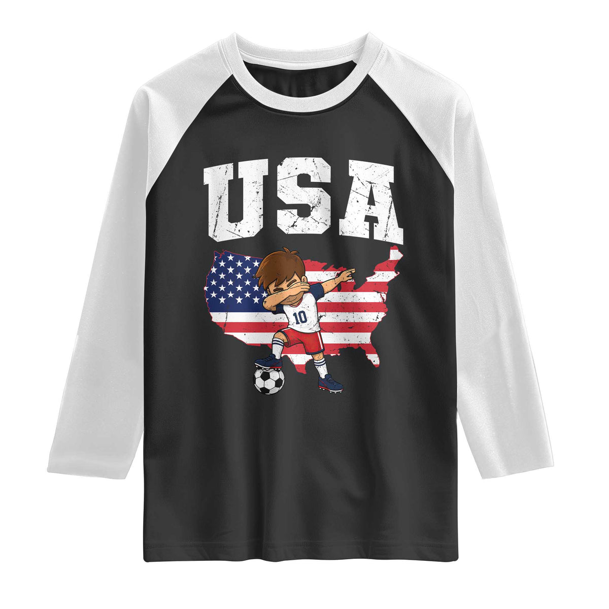 USA Soccer Dabbing Boy American Flag Fan Raglan Shirt TS14 Black White Print Your Wear