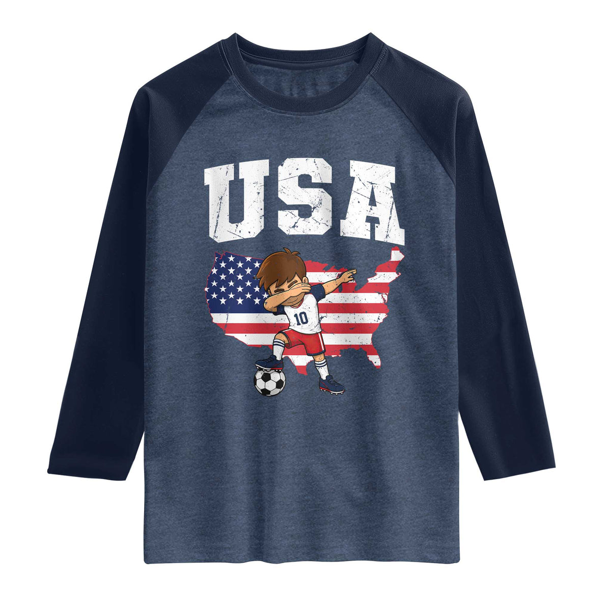 USA Soccer Dabbing Boy American Flag Fan Raglan Shirt TS14 Heather Denim Navy Print Your Wear
