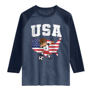 USA Soccer Dabbing Boy American Flag Fan Raglan Shirt TS14 Heather Denim Navy Print Your Wear