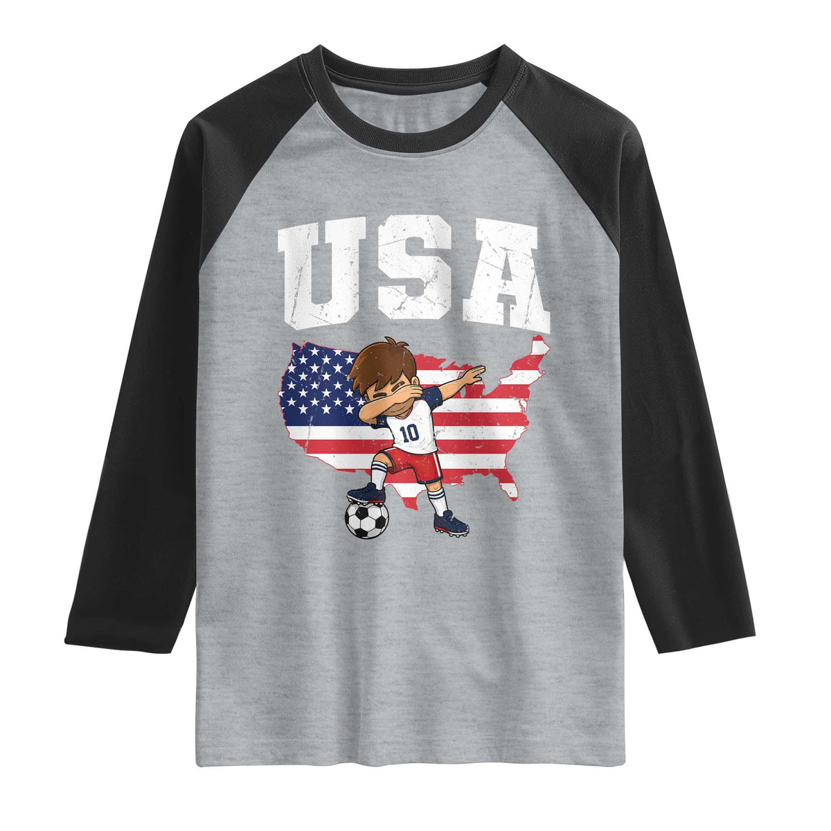 USA Soccer Dabbing Boy American Flag Fan Raglan Shirt TS14 Heather Gray Black Print Your Wear