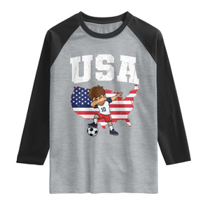 USA Soccer Dabbing Boy American Flag Fan Raglan Shirt TS14 Heather Gray Black Print Your Wear