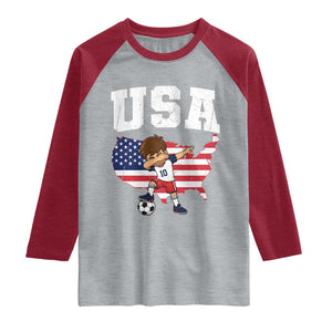 USA Soccer Dabbing Boy American Flag Fan Raglan Shirt TS14 Heather Gray Heather Red Print Your Wear