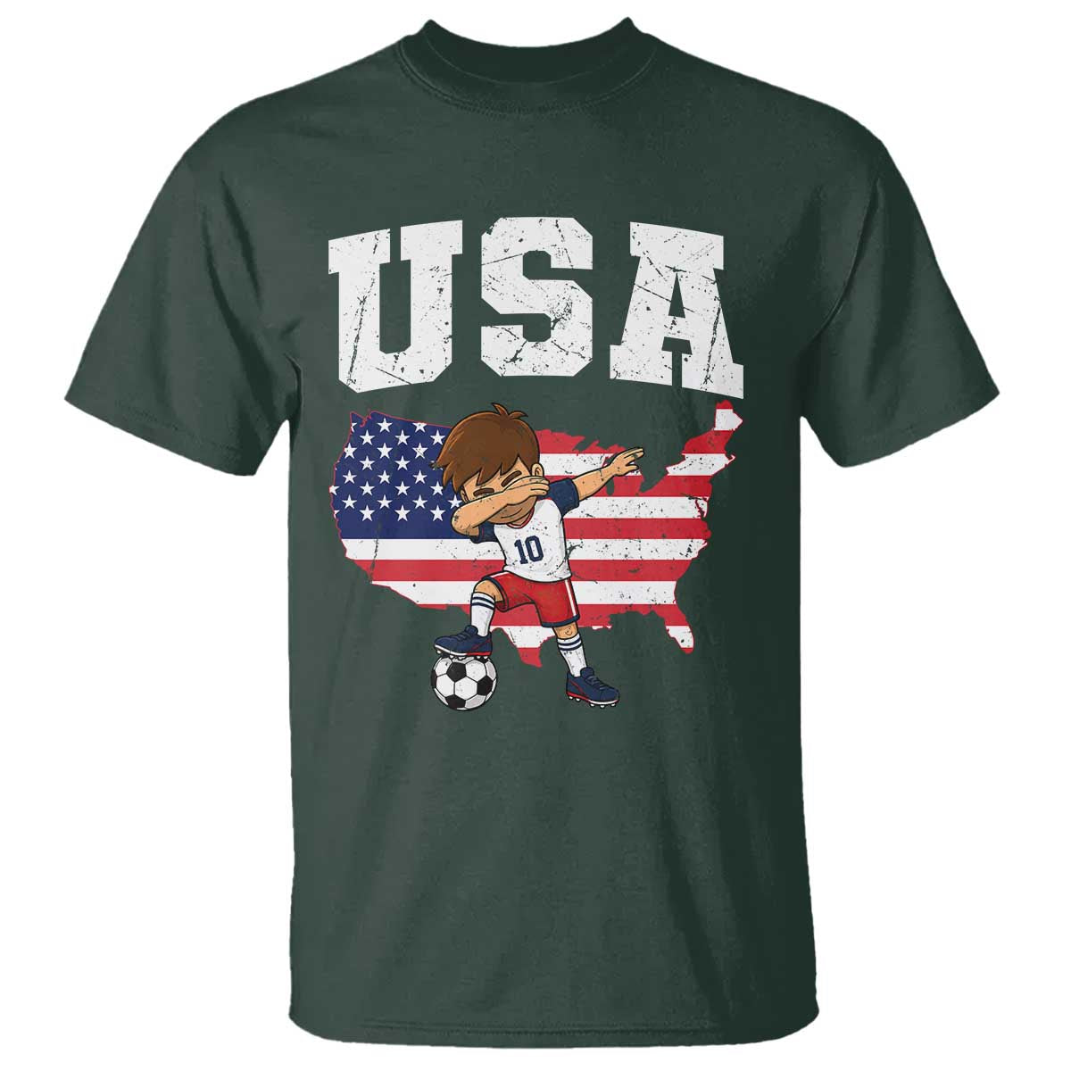USA Soccer Dabbing Boy American Flag Fan T Shirt TS14 Dark Forest Green Print Your Wear
