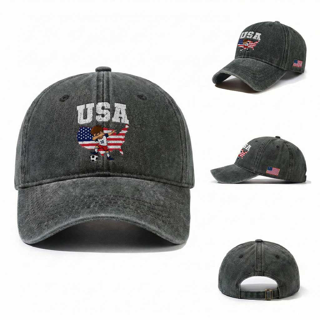 USA Soccer Dabbing Boy American Flag Fan Washed Cotton Baseball Cap TS14 Washed Cap Universal Fit Dark Green Print Your Wear