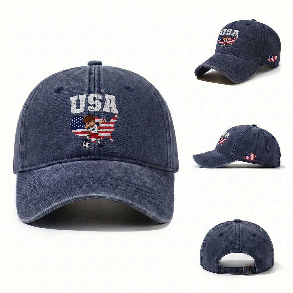 USA Soccer Dabbing Boy American Flag Fan Washed Cotton Baseball Cap TS14 Washed Cap Universal Fit Navy Print Your Wear