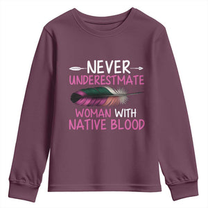 Native American Women Youth Sweatshirt Never Underestimate A Woman With Native Blood TS14 Maroon Print Your Wear