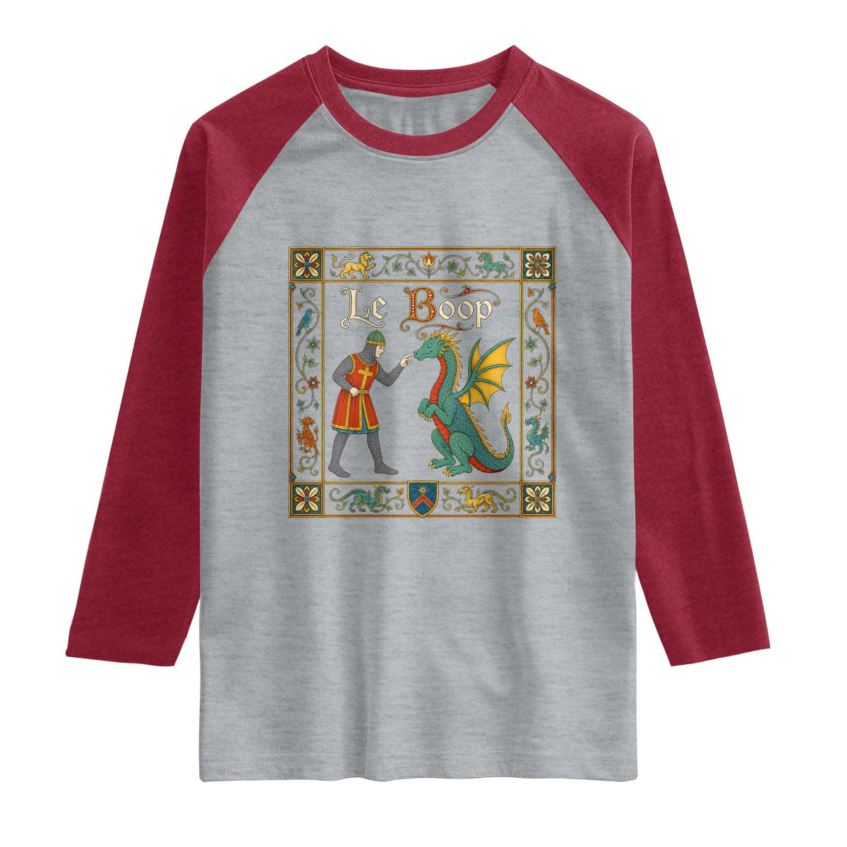 Le Boop Medieval Knight Dragon Fantasy Book Lover Humor Raglan Shirt TS14 Heather Gray Heather Red Print Your Wear