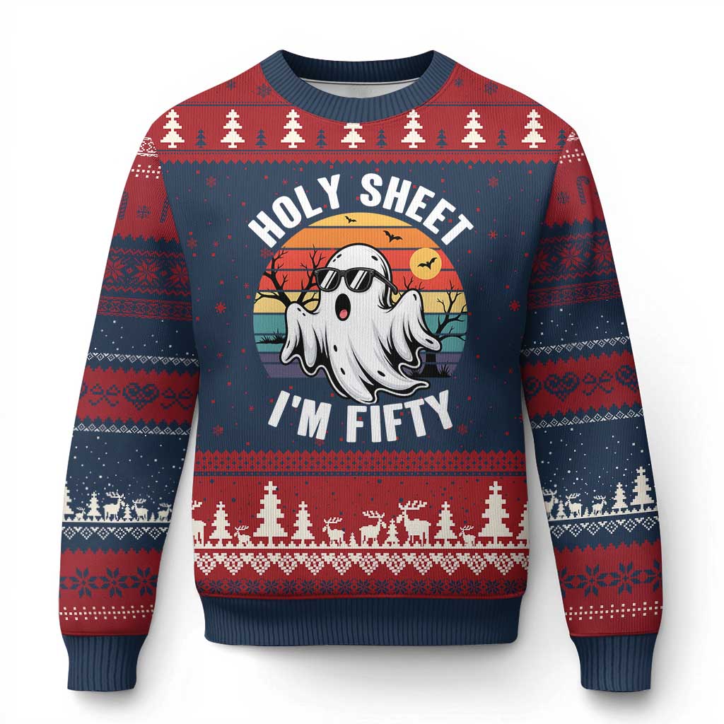 50th Birthday Halloween Ghost Ugly Christmas Sweater Holy Sheet I'm Fifty TS14 Navy Red Print Your Wear