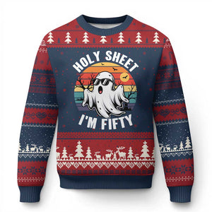 50th Birthday Halloween Ghost Ugly Christmas Sweater Holy Sheet I'm Fifty TS14 Navy Red Print Your Wear