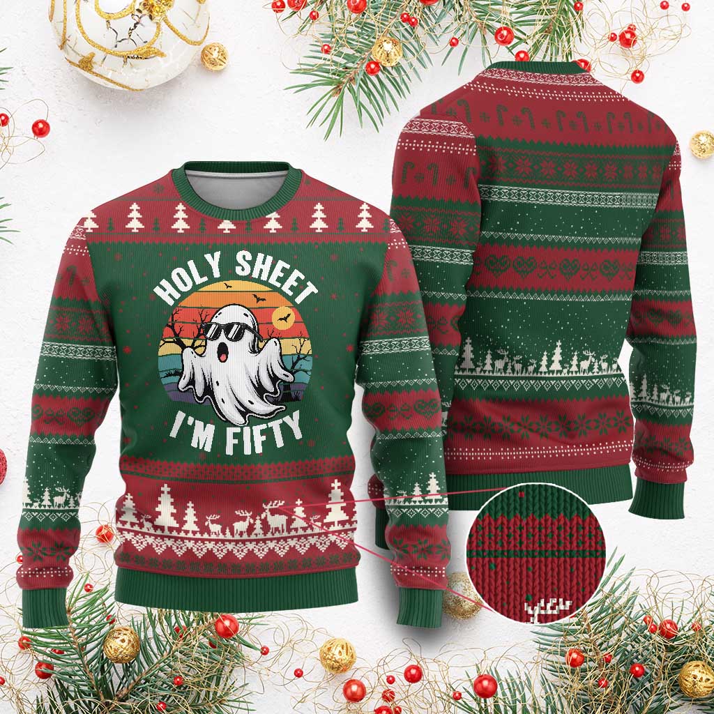 50th Birthday Halloween Ghost Ugly Christmas Sweater Holy Sheet I'm Fifty TS14 Red Green Print Your Wear