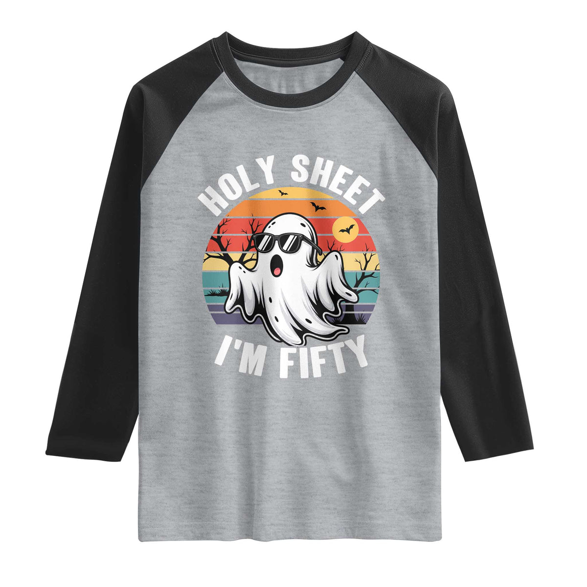 50th Birthday Halloween Ghost Raglan Shirt Holy Sheet I'm Fifty TS14 Heather Gray Black Print Your Wear