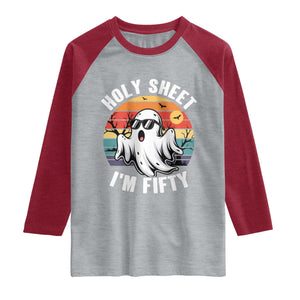 50th Birthday Halloween Ghost Raglan Shirt Holy Sheet I'm Fifty TS14 Heather Gray Heather Red Print Your Wear