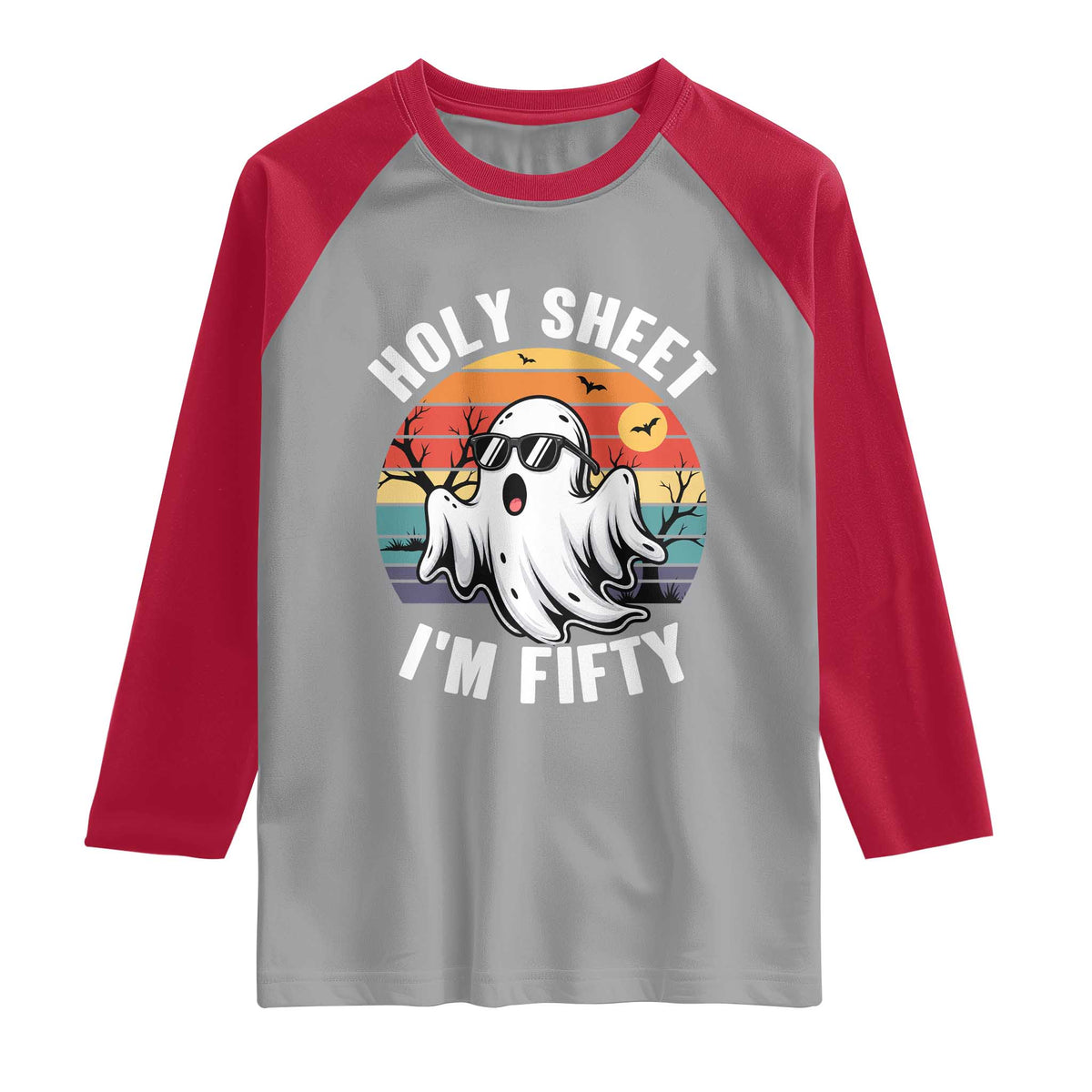 50th Birthday Halloween Ghost Raglan Shirt Holy Sheet I'm Fifty TS14 Sport Gray Red Print Your Wear