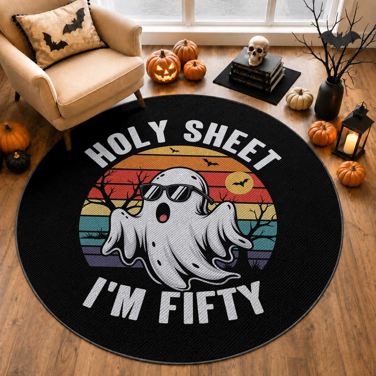 50th Birthday Halloween Ghost Round Rug Holy Sheet I'm Fifty