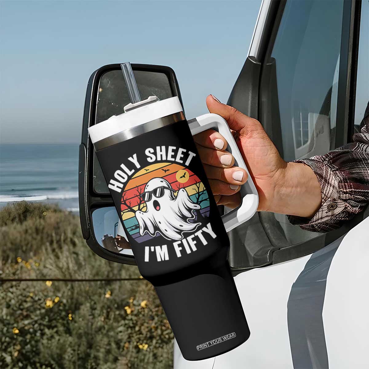 50th Birthday Halloween Ghost Tumbler With Handle Holy Sheet I'm Fifty TS14 Print Your Wear