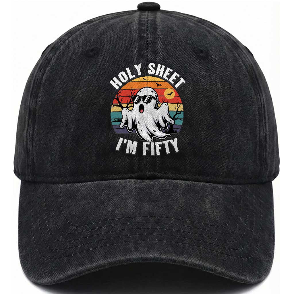 50th Birthday Halloween Ghost Washed Cotton Baseball Cap Holy Sheet I'm Fifty TS14 Print Your Wear