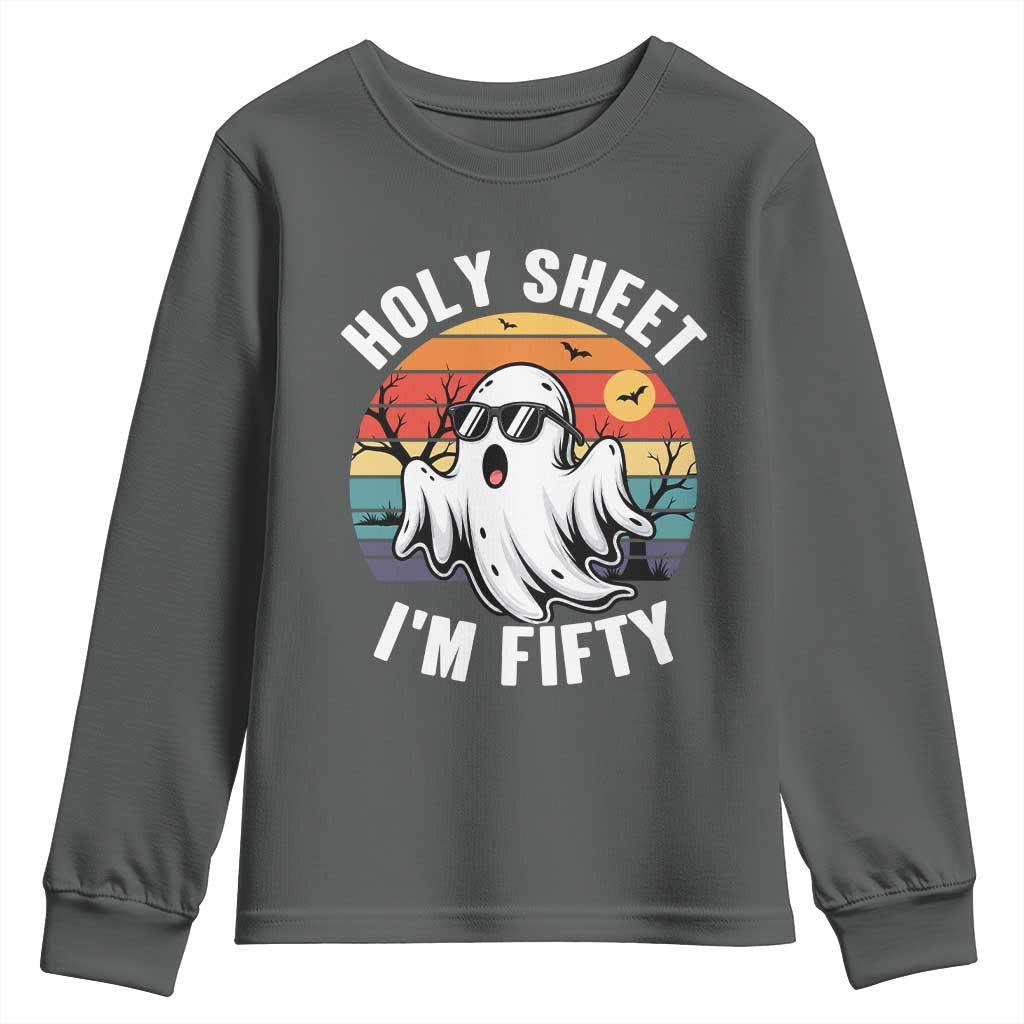 50th Birthday Halloween Ghost Youth Sweatshirt Holy Sheet I'm Fifty TS14 Dark Heather Print Your Wear