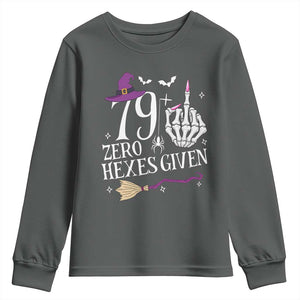 80th Birthday Halloween Youth Sweatshirt 79 Plus Middle Finger Zero Hexes Given Gift For Women TS14 Dark Heather Print Your Wear