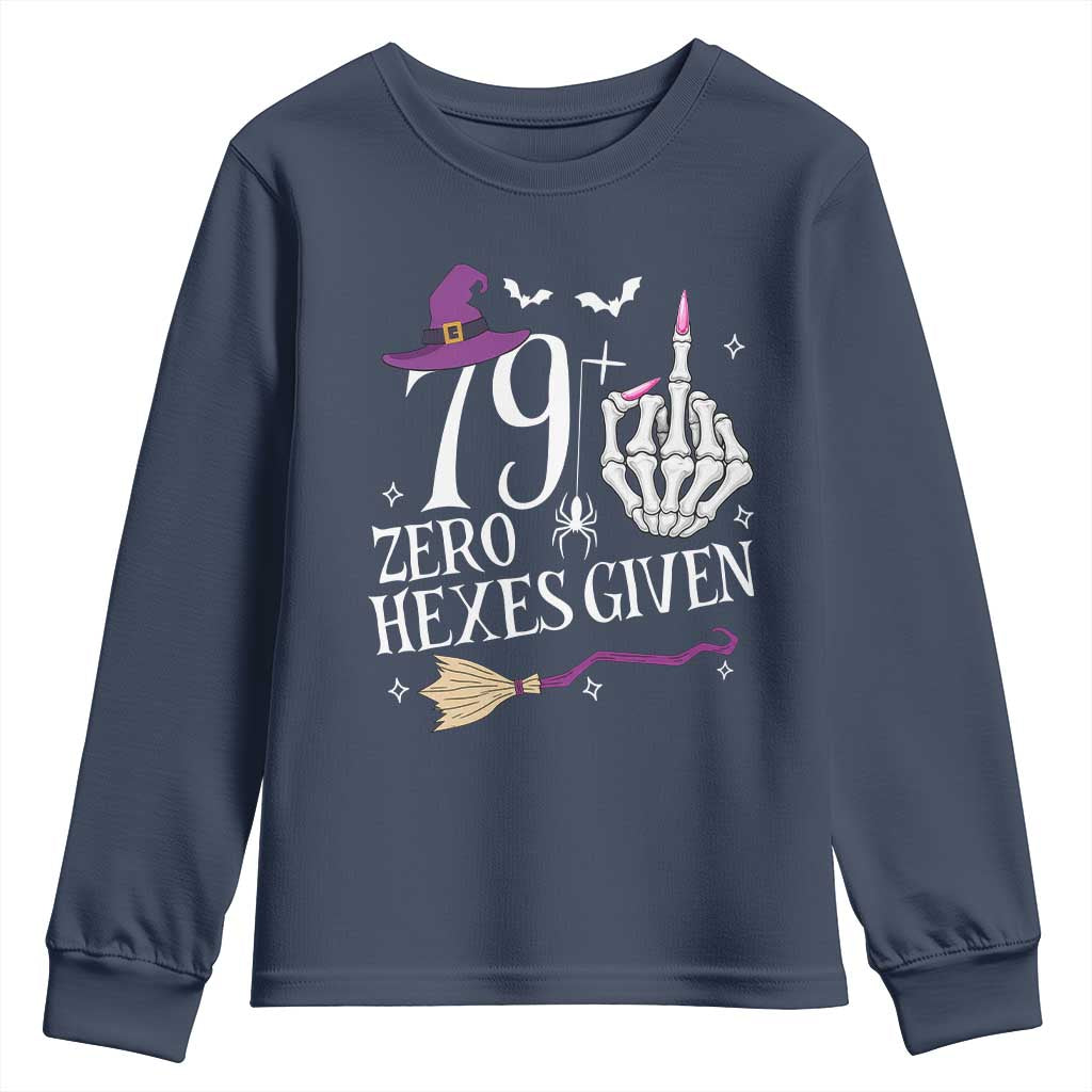 80th Birthday Halloween Youth Sweatshirt 79 Plus Middle Finger Zero Hexes Given Gift For Women TS14 Navy Print Your Wear